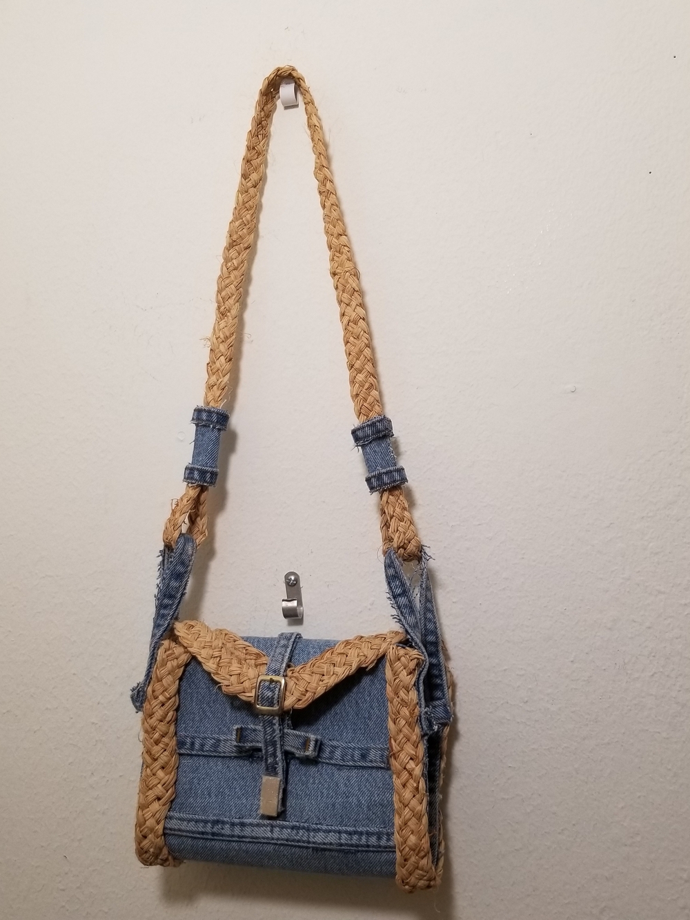 HANDMADE Sofistik Blue Denim Crossbody Bag With Braided Straw-Trim